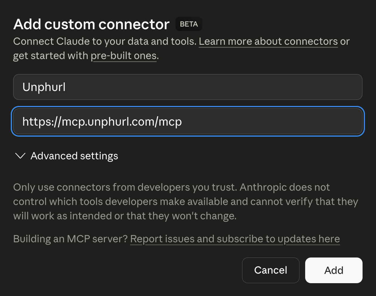 Adding Unphurl connector in Claude Cowork