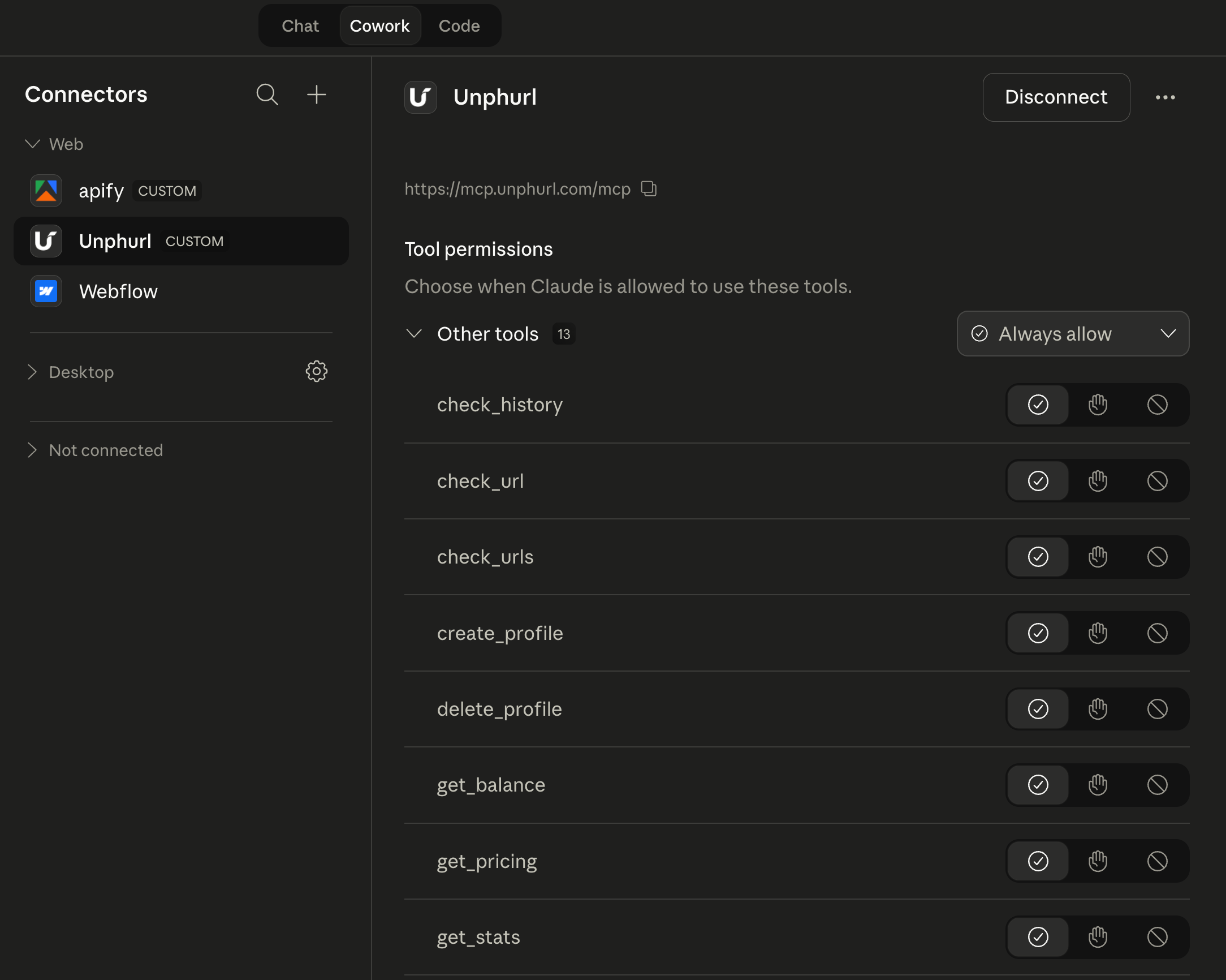 Disconnecting Unphurl connector to add API key