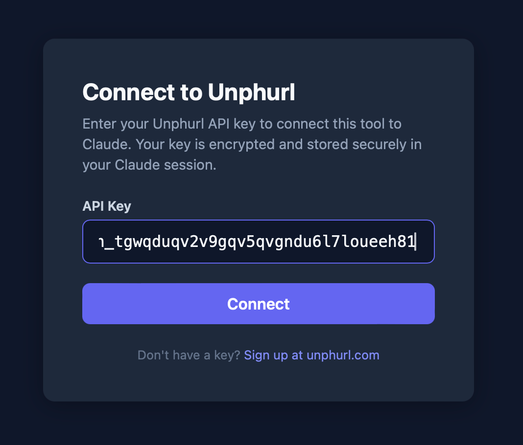 Entering Unphurl API key in Claude Cowork connector settings