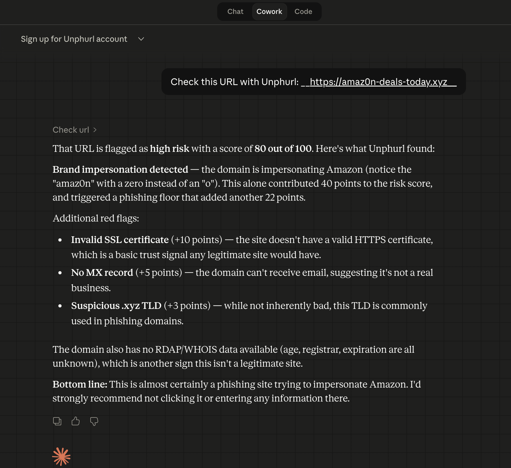 Checking a phishing URL in Claude Cowork with Unphurl