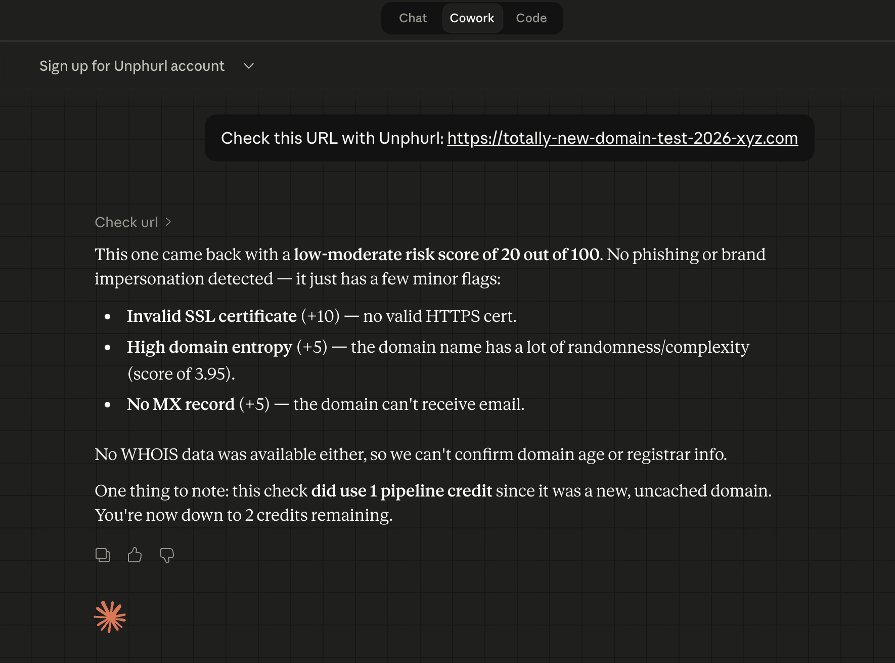 Claude Cowork showing credit usage after URL check