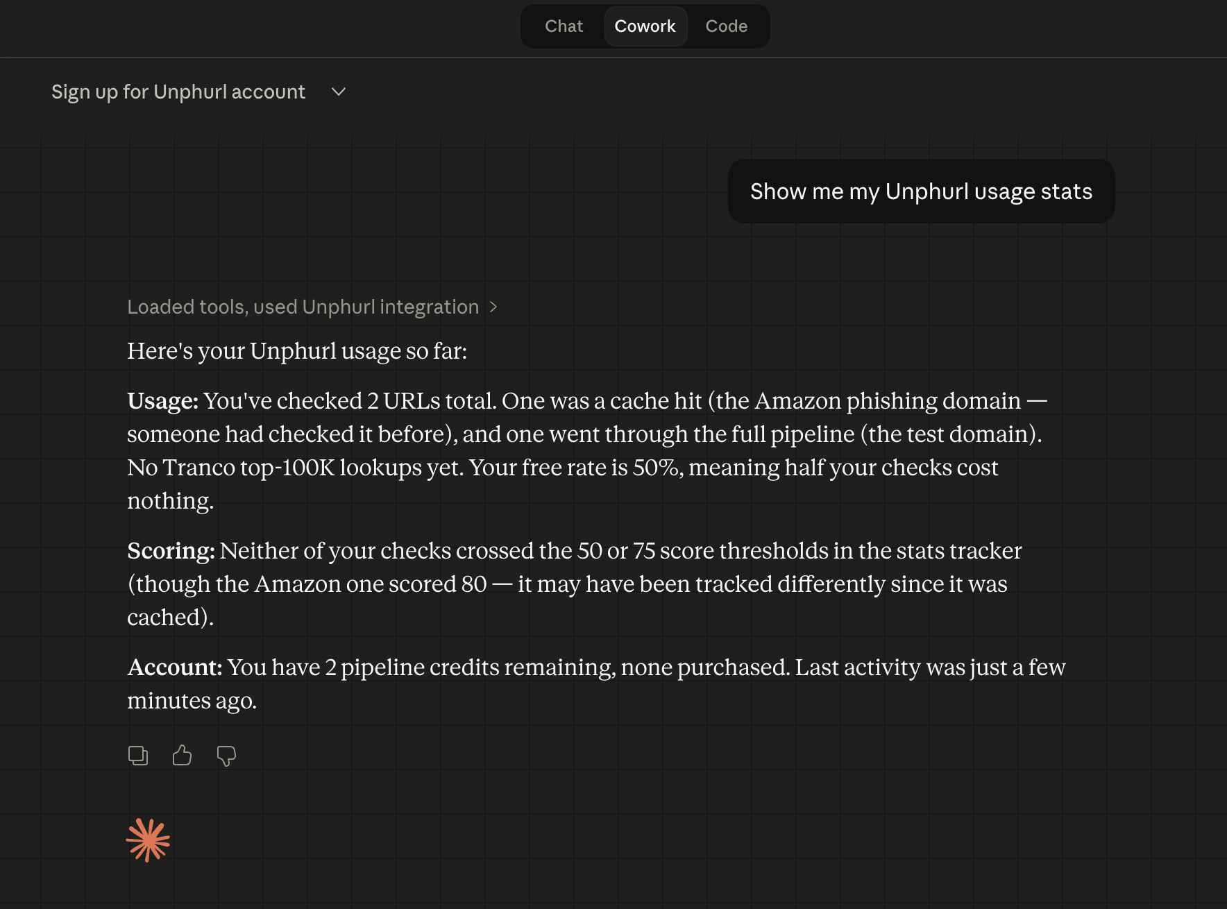 Claude Cowork showing Unphurl account balance