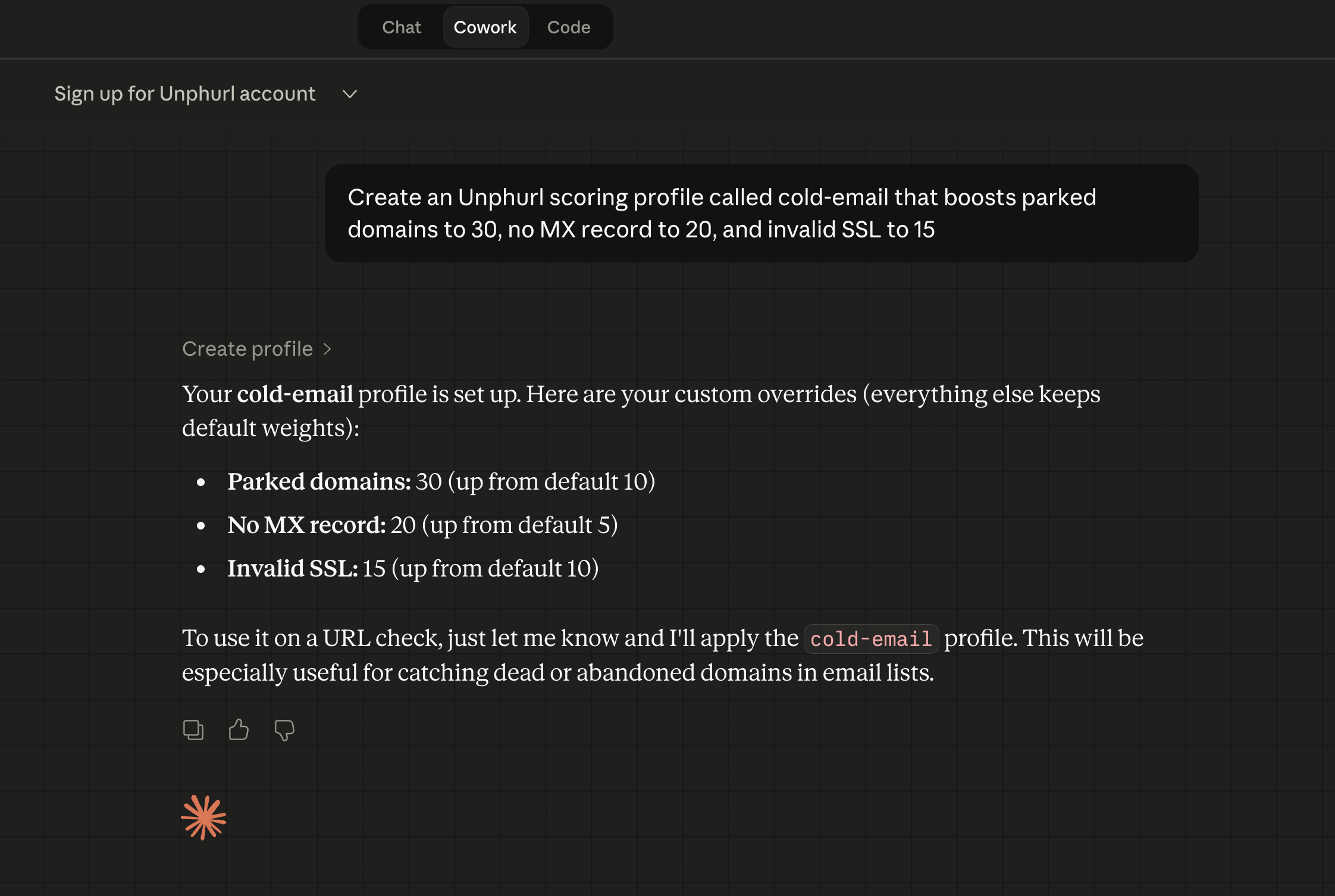 Claude Cowork creating a custom scoring profile