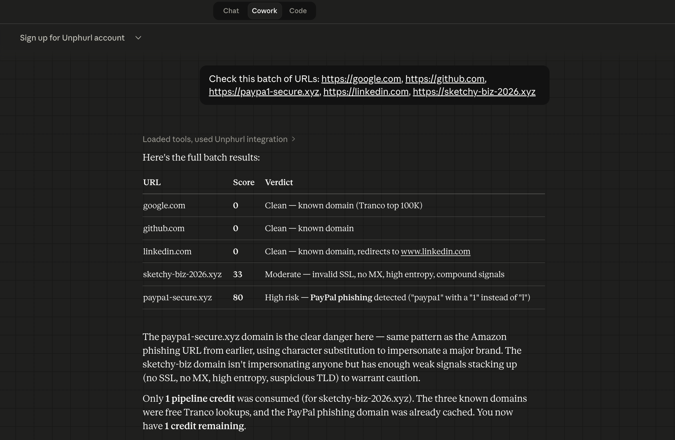 Batch checking URLs in Claude Cowork with Unphurl