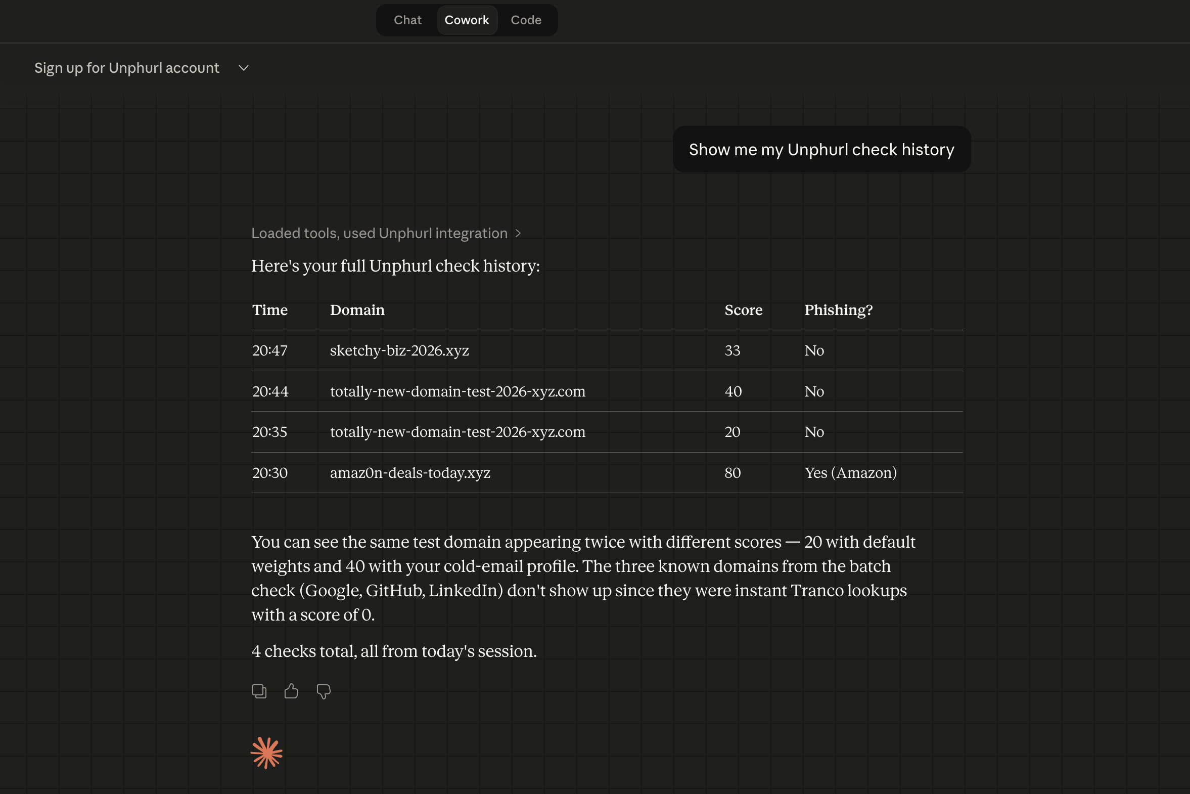 Claude Cowork showing Unphurl check history