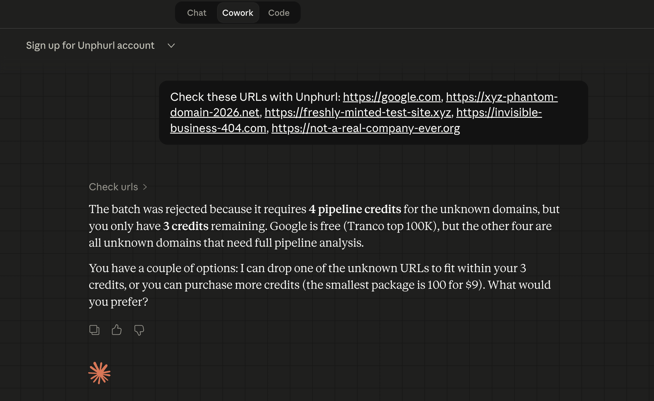 Claude Cowork showing insufficient credits message with purchase suggestion
