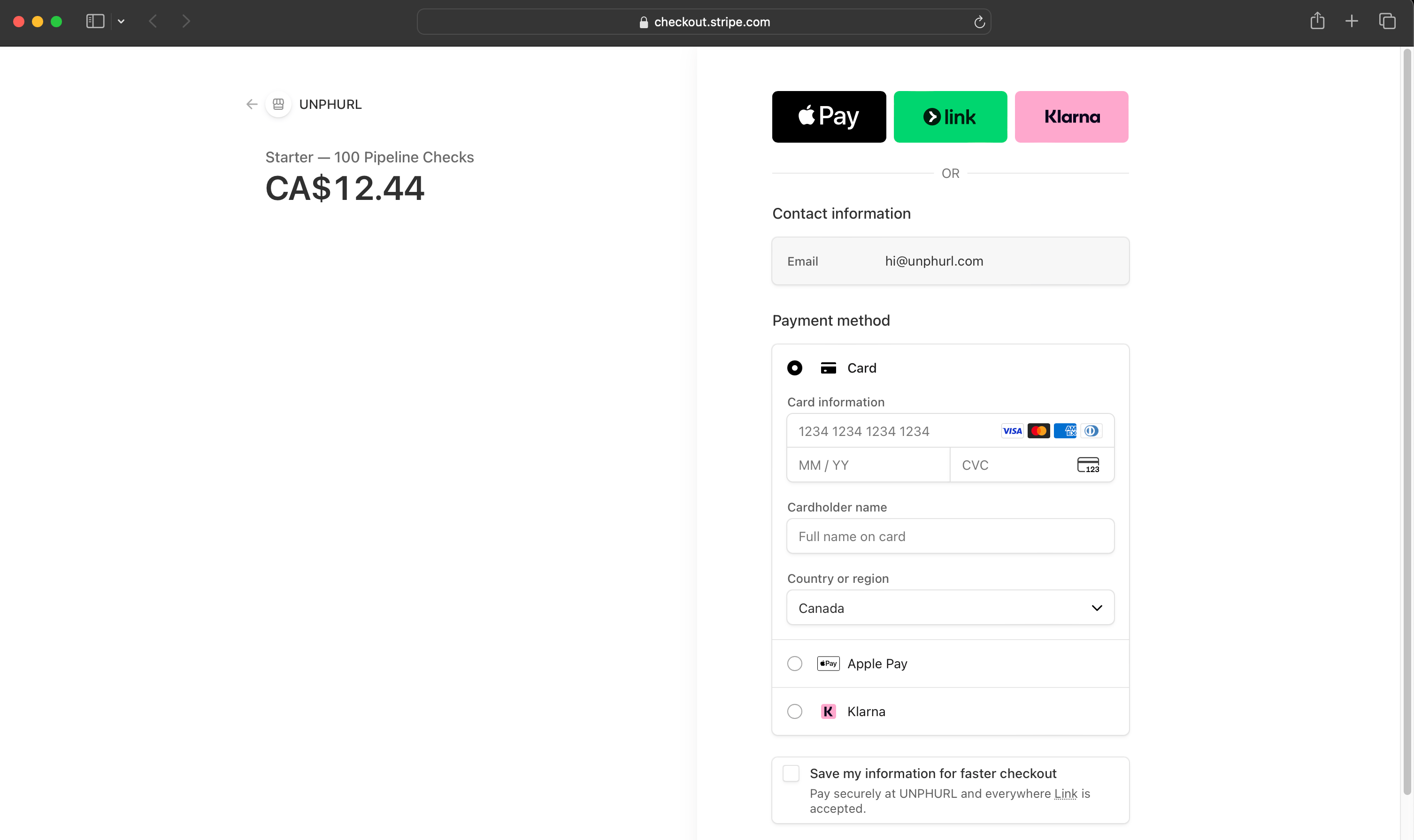 Stripe checkout page for Unphurl credit purchase