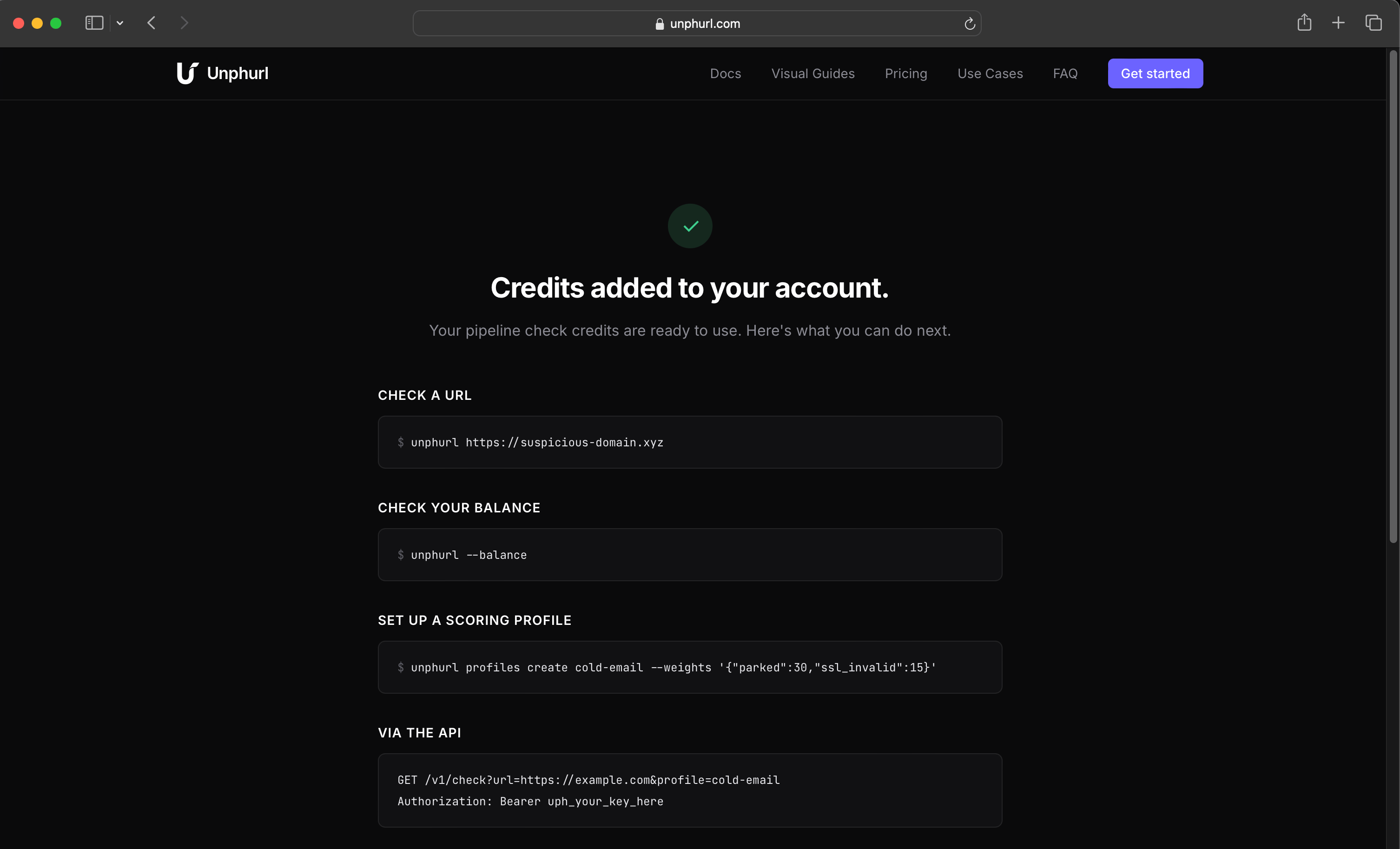 Stripe payment success confirmation for Unphurl