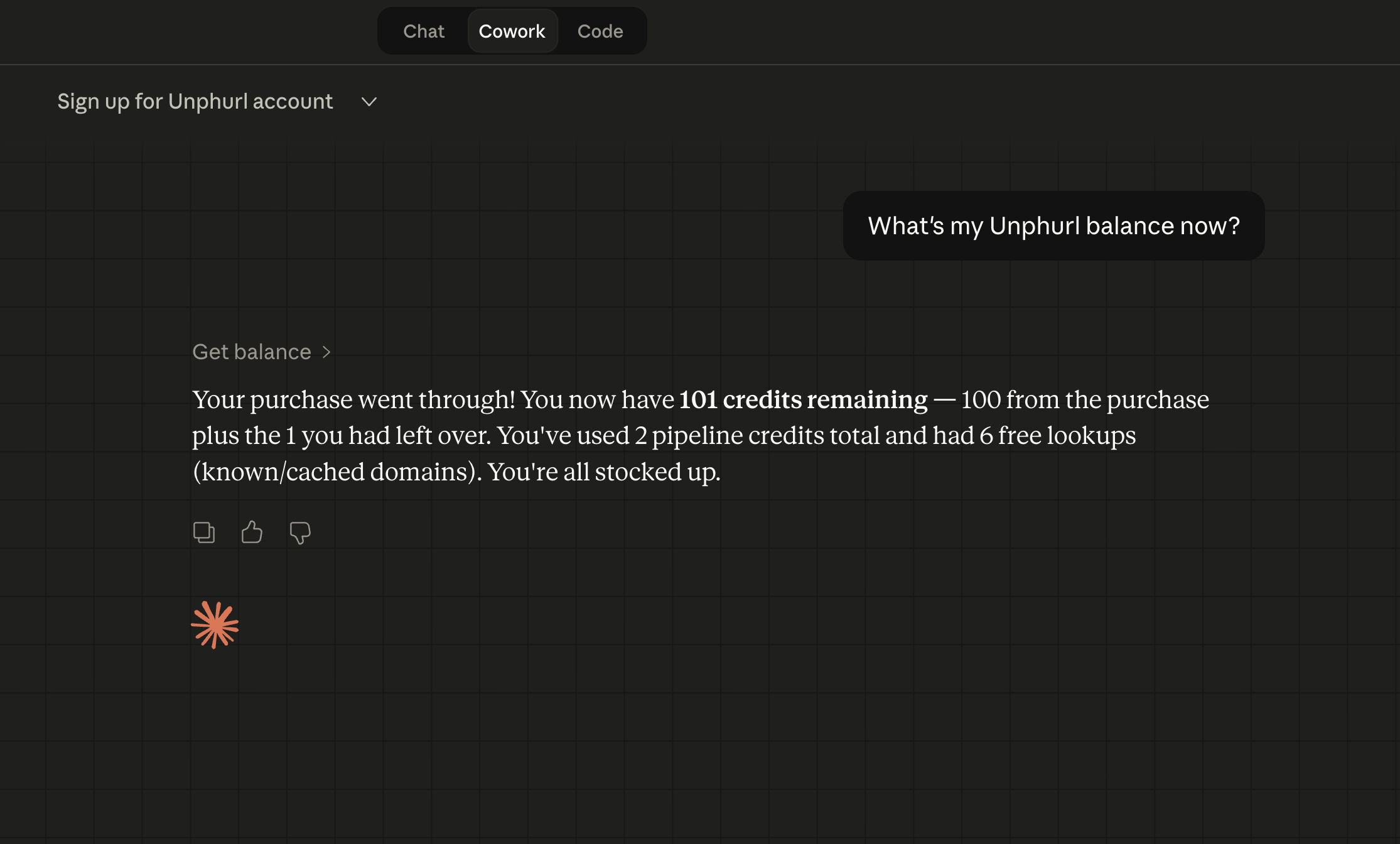 Claude Cowork confirming updated Unphurl credit balance after purchase